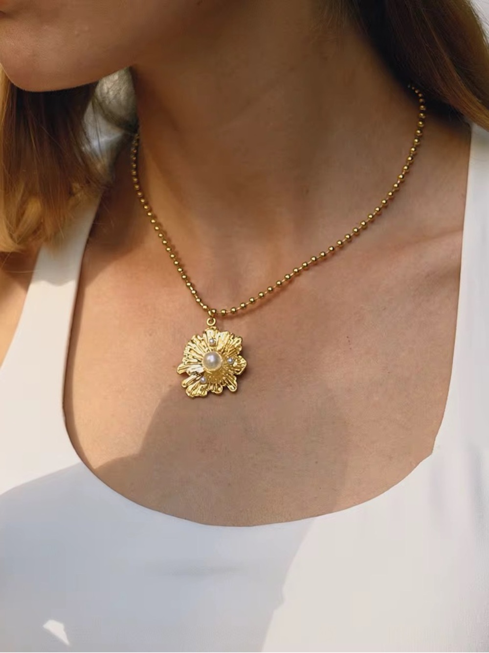 18K Gold Plated Floral Pendant Necklace with Pearl Accents